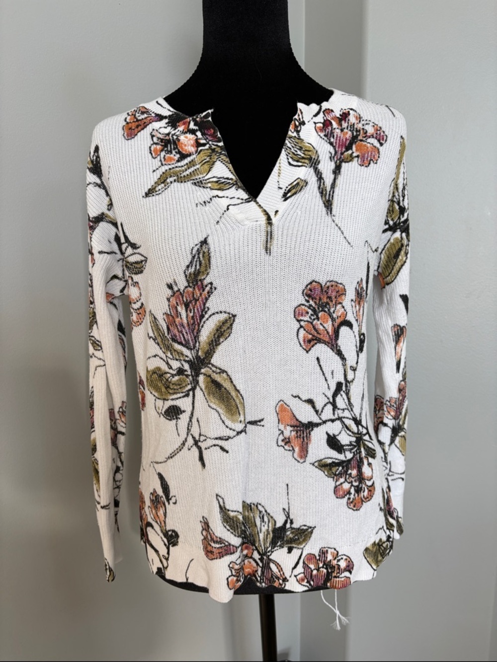 Tribal White Floral Long Sleeve Top with Pink & Olive Detail